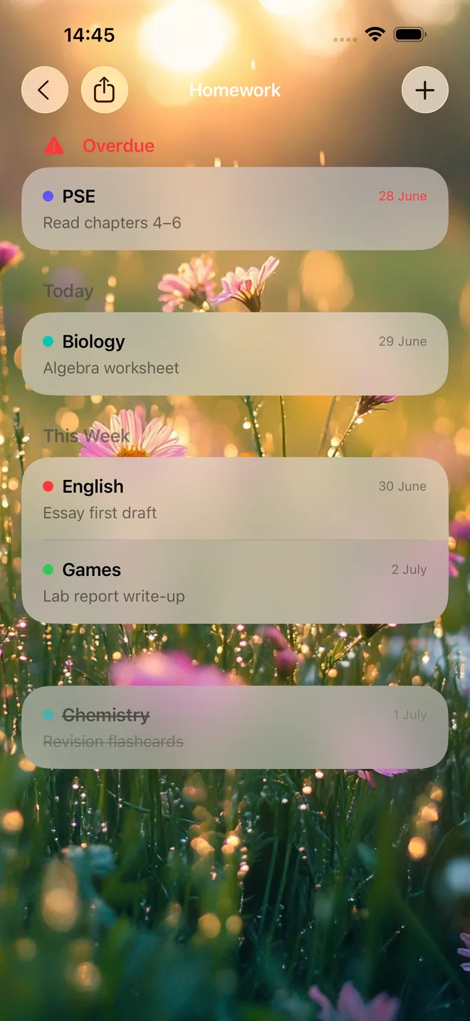 Homework screen grouped into Overdue, Today and This Week