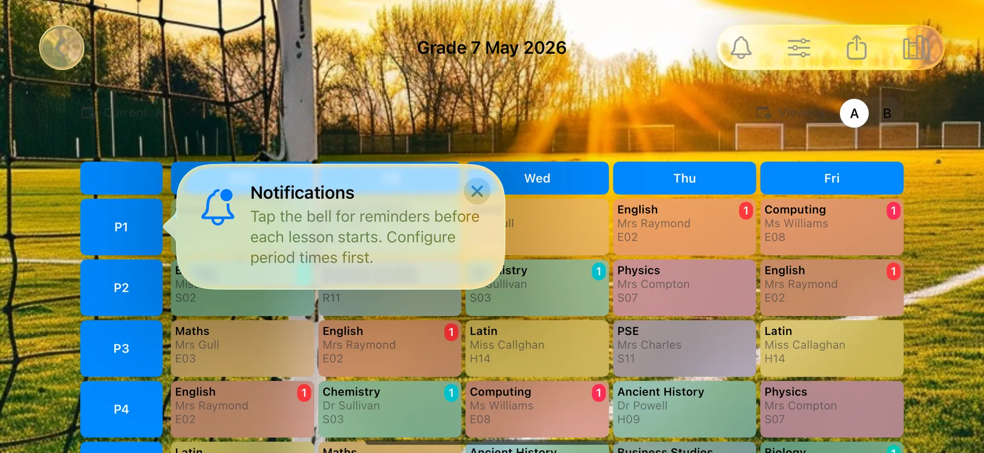 Landscape grid showing the full two-week timetable with a reminders callout
